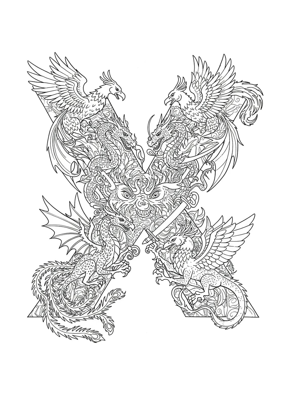 Medium level coloring page of the letter X surrounded by dragons, phoenixes, griffins, and magical motifs.