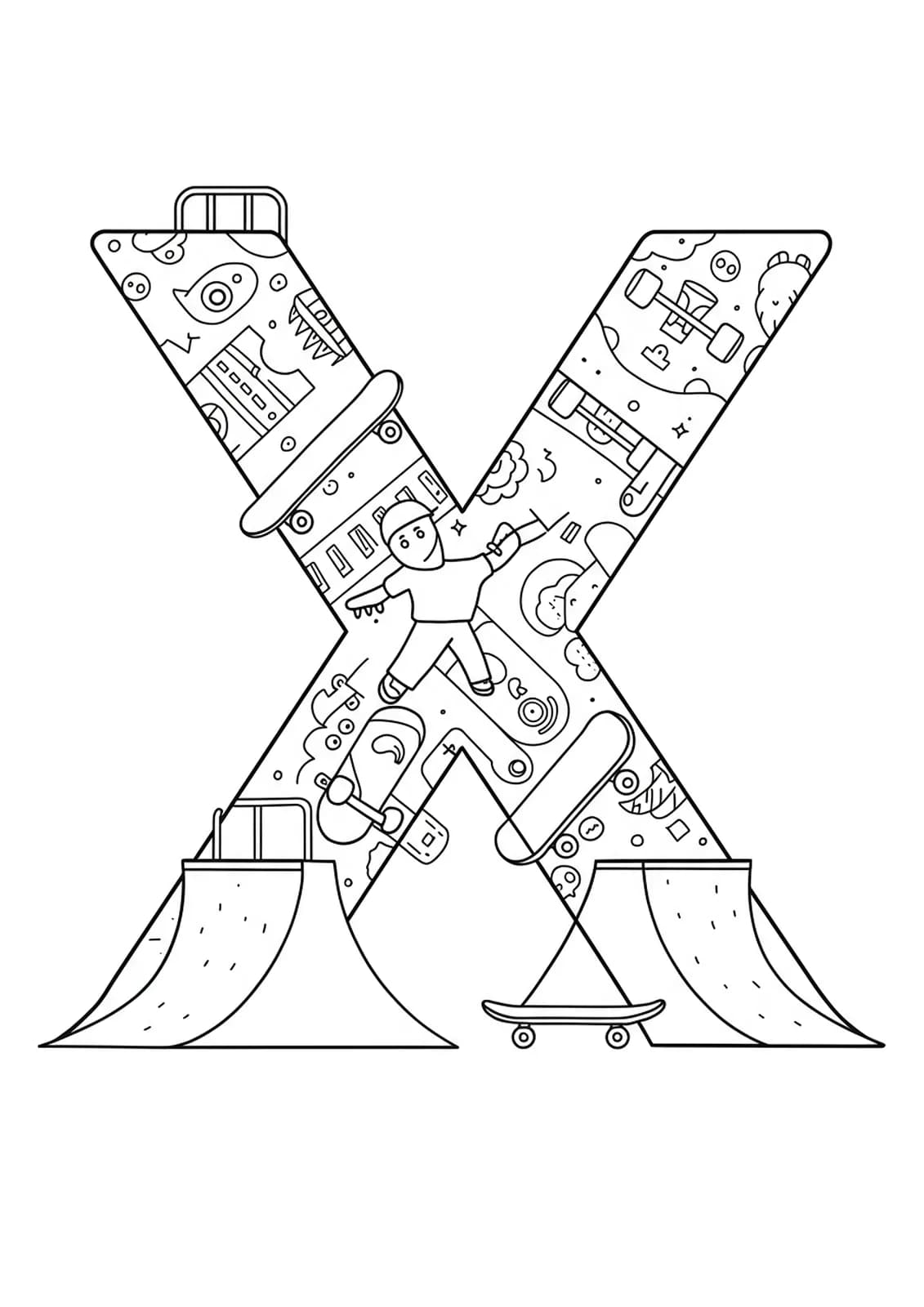 Medium complexity coloring page with the letter X integrated into a skateboarding scene with ramps and skateboards.