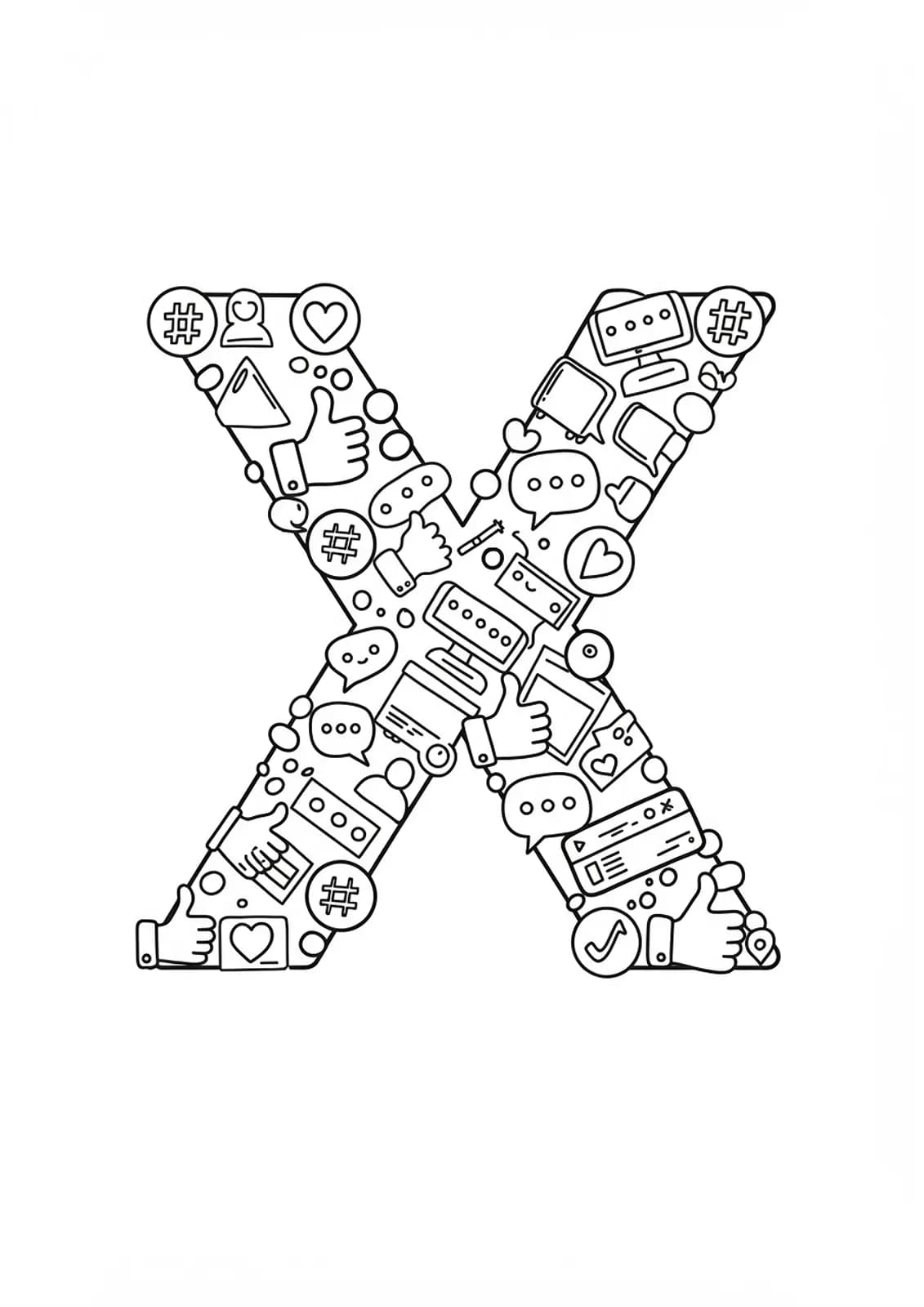 Easy printable coloring page of letter X with various social media symbol outlines for teens.