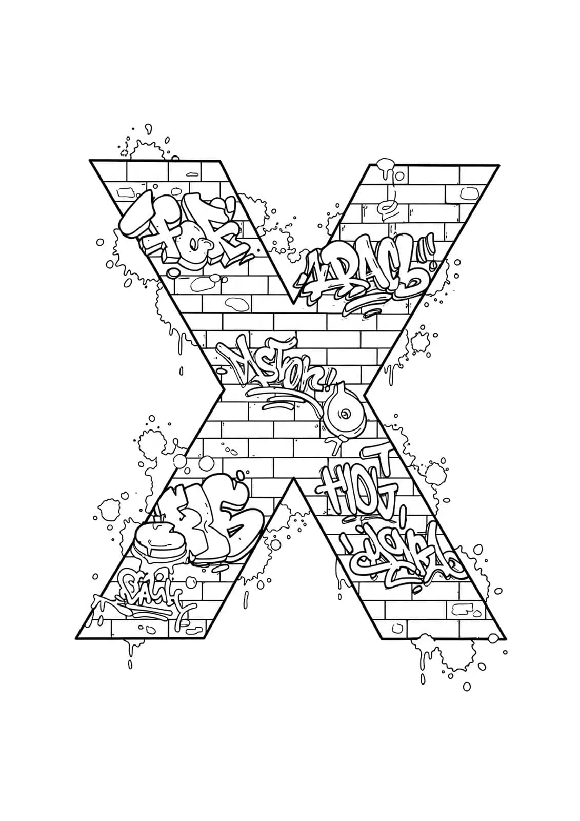 A medium difficulty coloring page featuring the letter X with graffiti and street art motifs, suitable for teens.