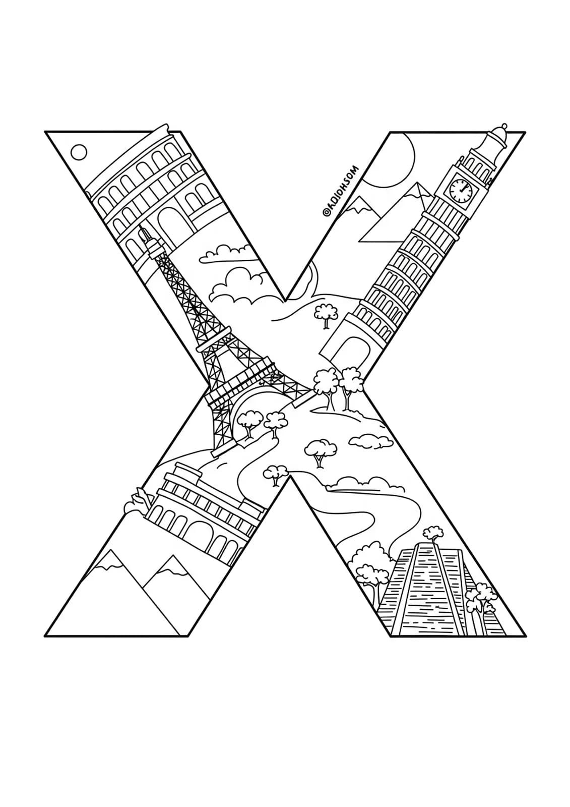 Coloring page with the letter X and easy outlines of global travel landmarks, designed for adults.