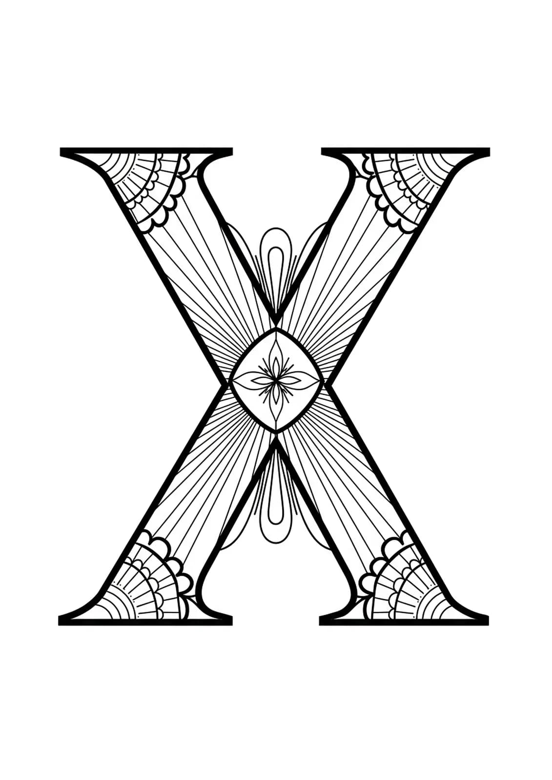 Letter X with geometric Art Deco designs, sunbursts, and elegant line patterns, medium detail.