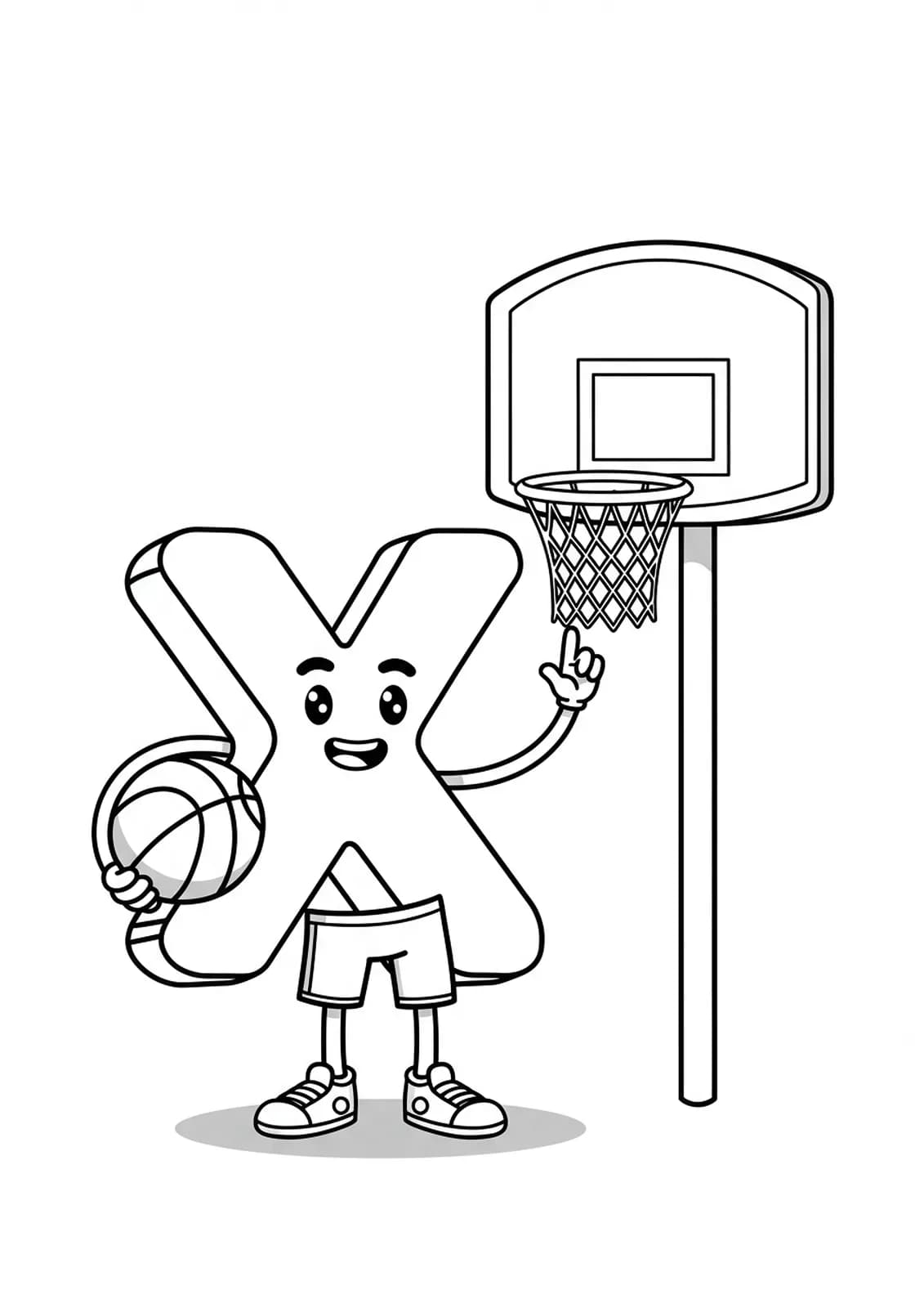 Easy coloring page of letter X holding a basketball next to a simple hoop