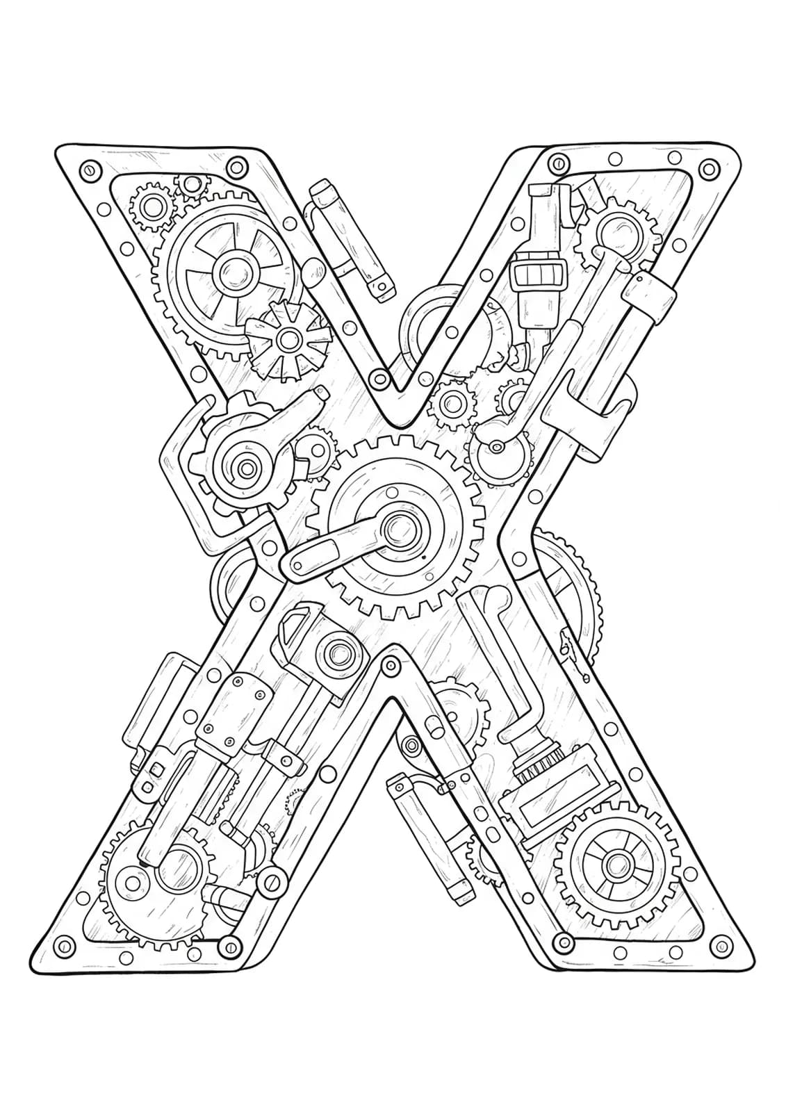 Letter X integrated with complex steampunk gears, cogs, and machinery details in fine line work for adults.