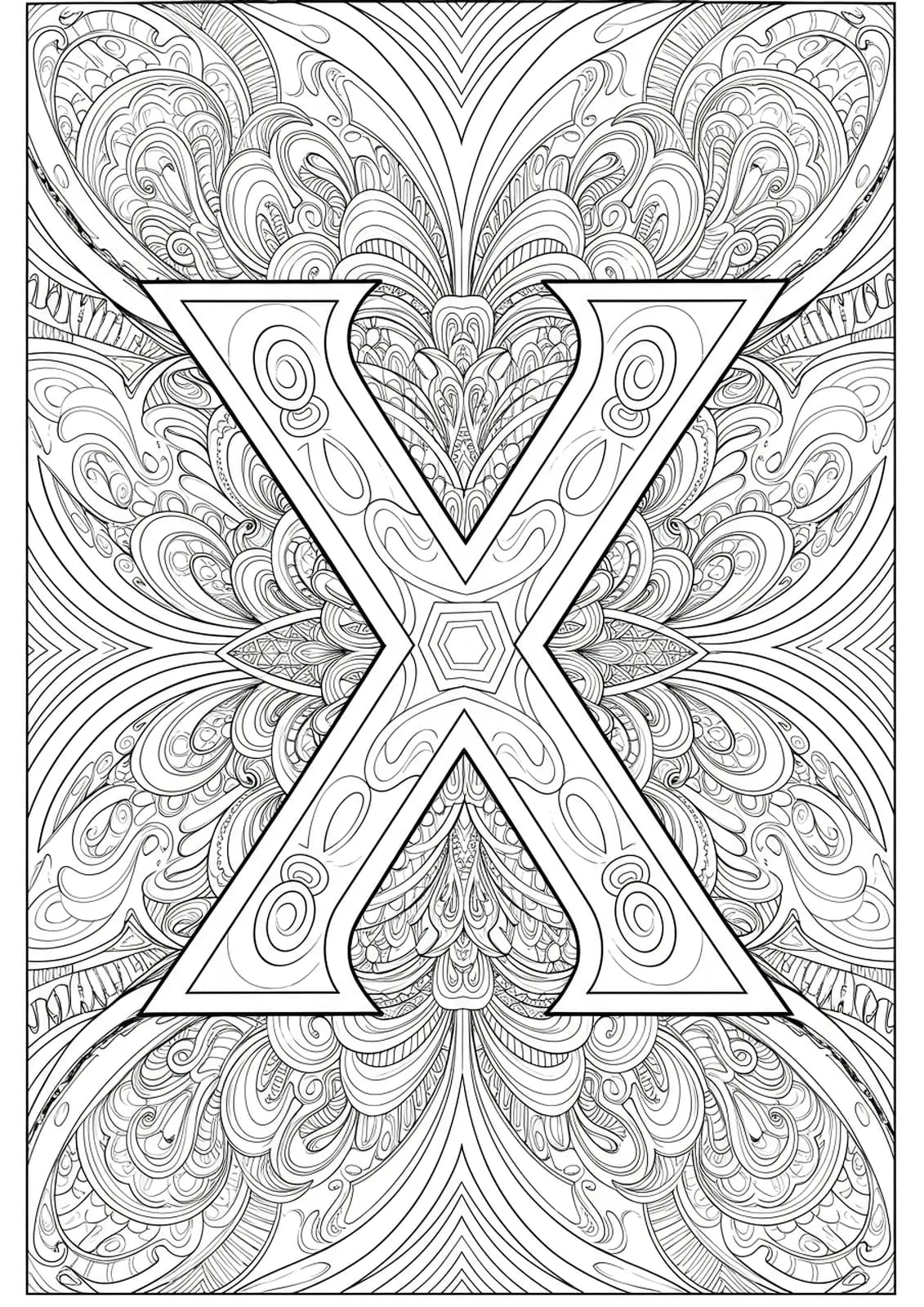 The letter X set within complex optical illusion patterns and geometric shapes, fine details for adult coloring.