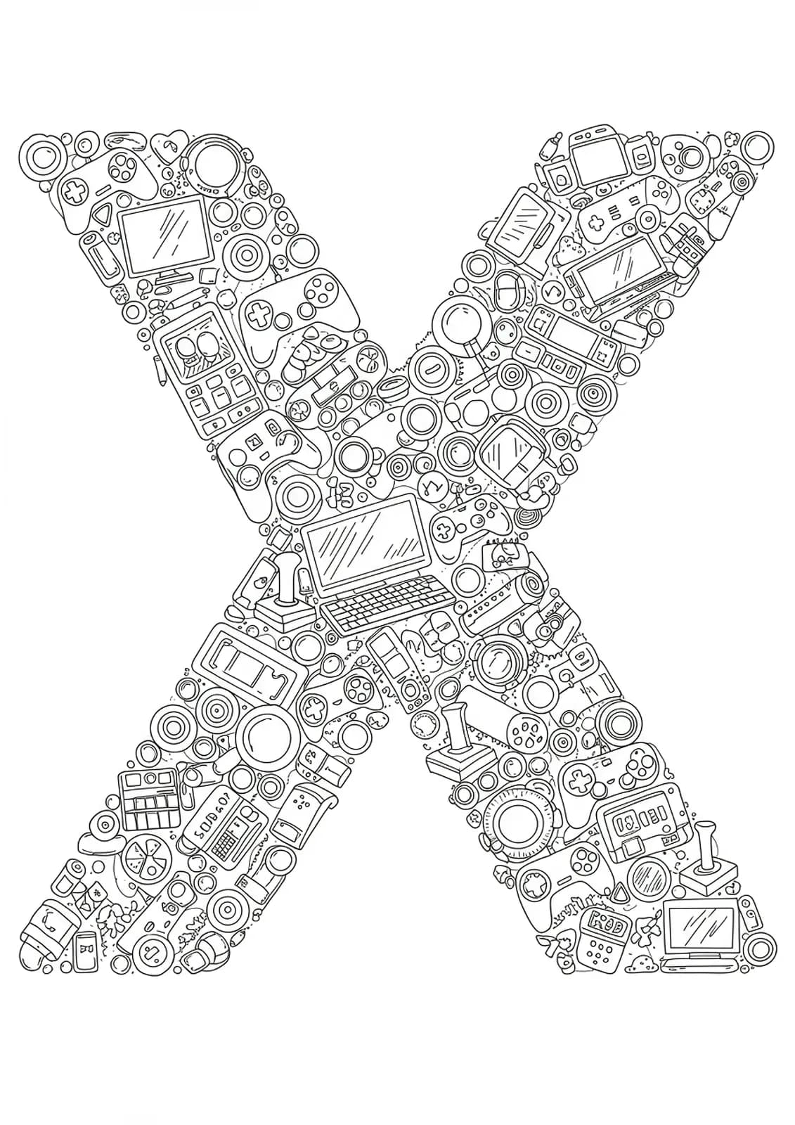 Letter X filled with detailed gaming icons, controllers, pixel art, and virtual landscapes, hard coloring page for teens.