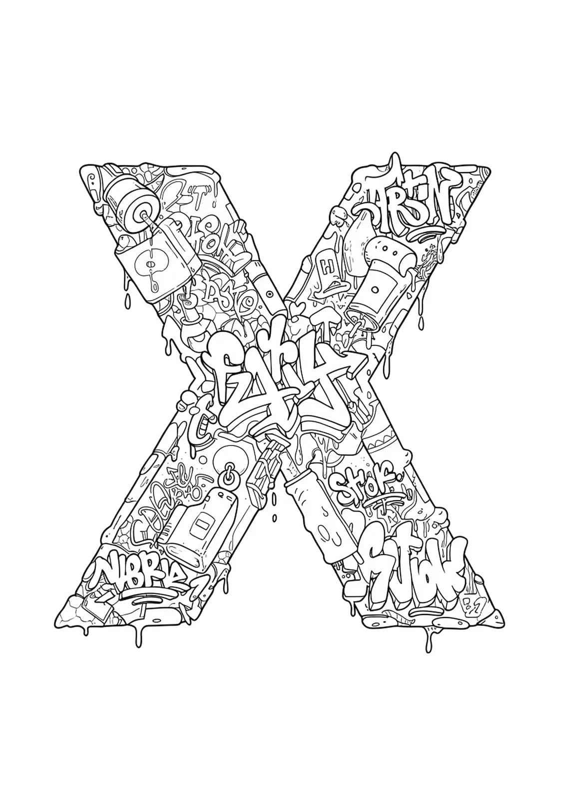 Intricate letter X covered in graffiti-style tags, spray paint drips, and urban doodles, hard coloring page for teens.