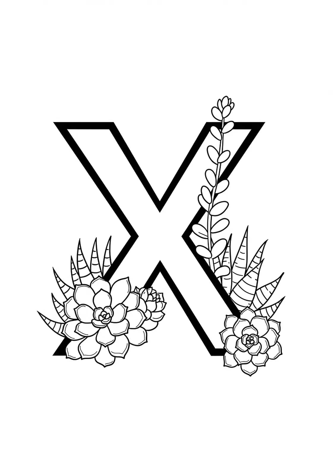 Coloring page with the letter X and large, simple succulent plants, designed for easy coloring by adults.