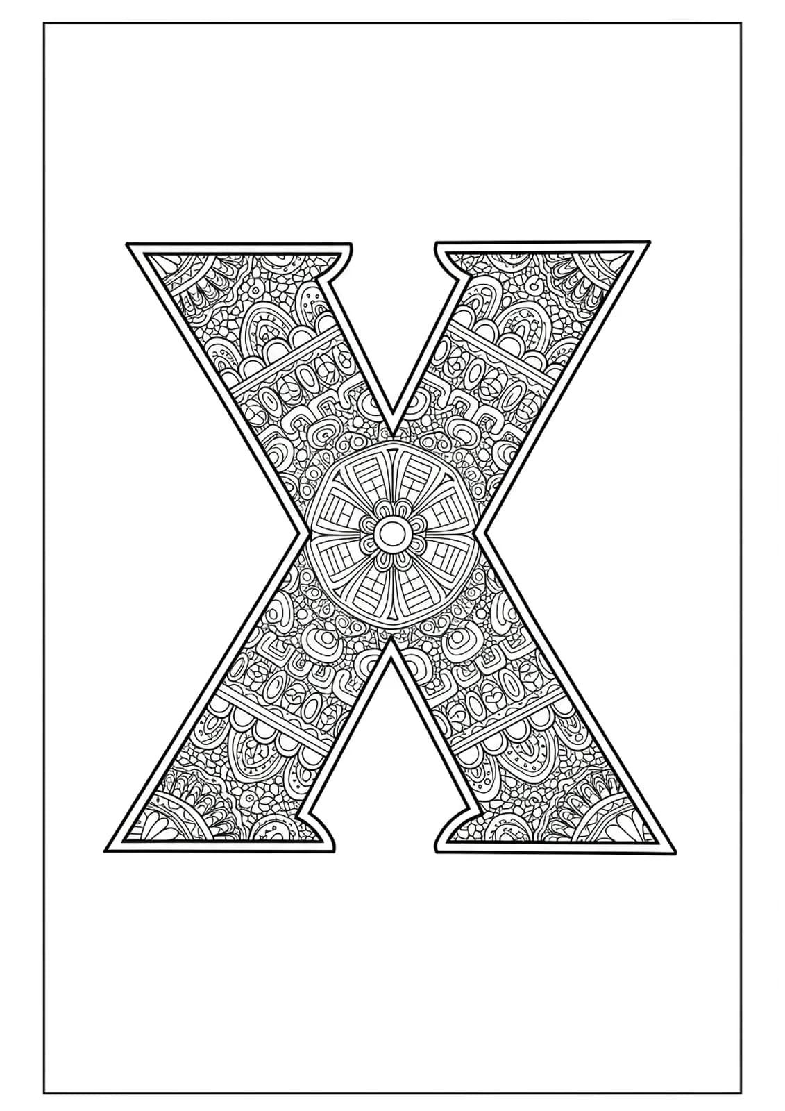 Letter X filled and bordered by detailed Aztec mosaic patterns and motifs, highly intricate and complex for adults.