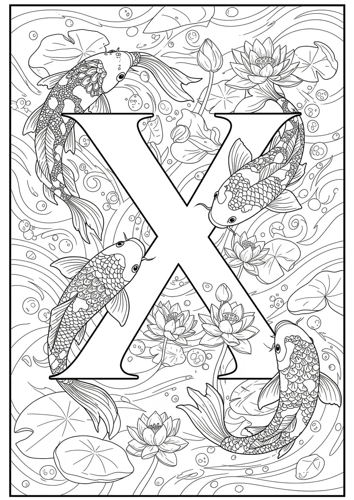 Letter X intricately surrounded by koi fish, water lilies, lotus flowers, and swirling water patterns, hard coloring page for teens.
