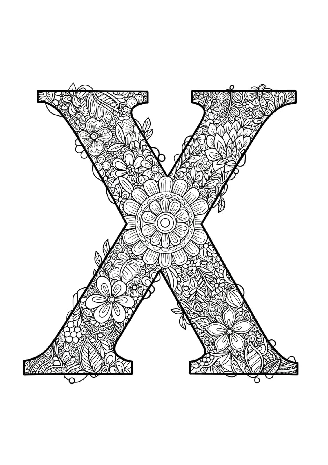 Letter X with mandala and garden floral patterns for coloring, medium complexity, black and white.