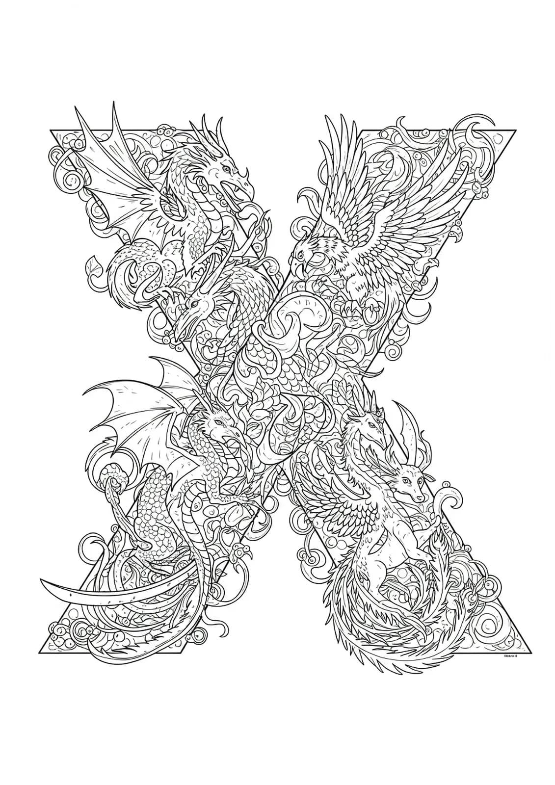 Complex letter X entwined with detailed mythical creatures such as dragons, griffins, and phoenixes, hard coloring page for teens.