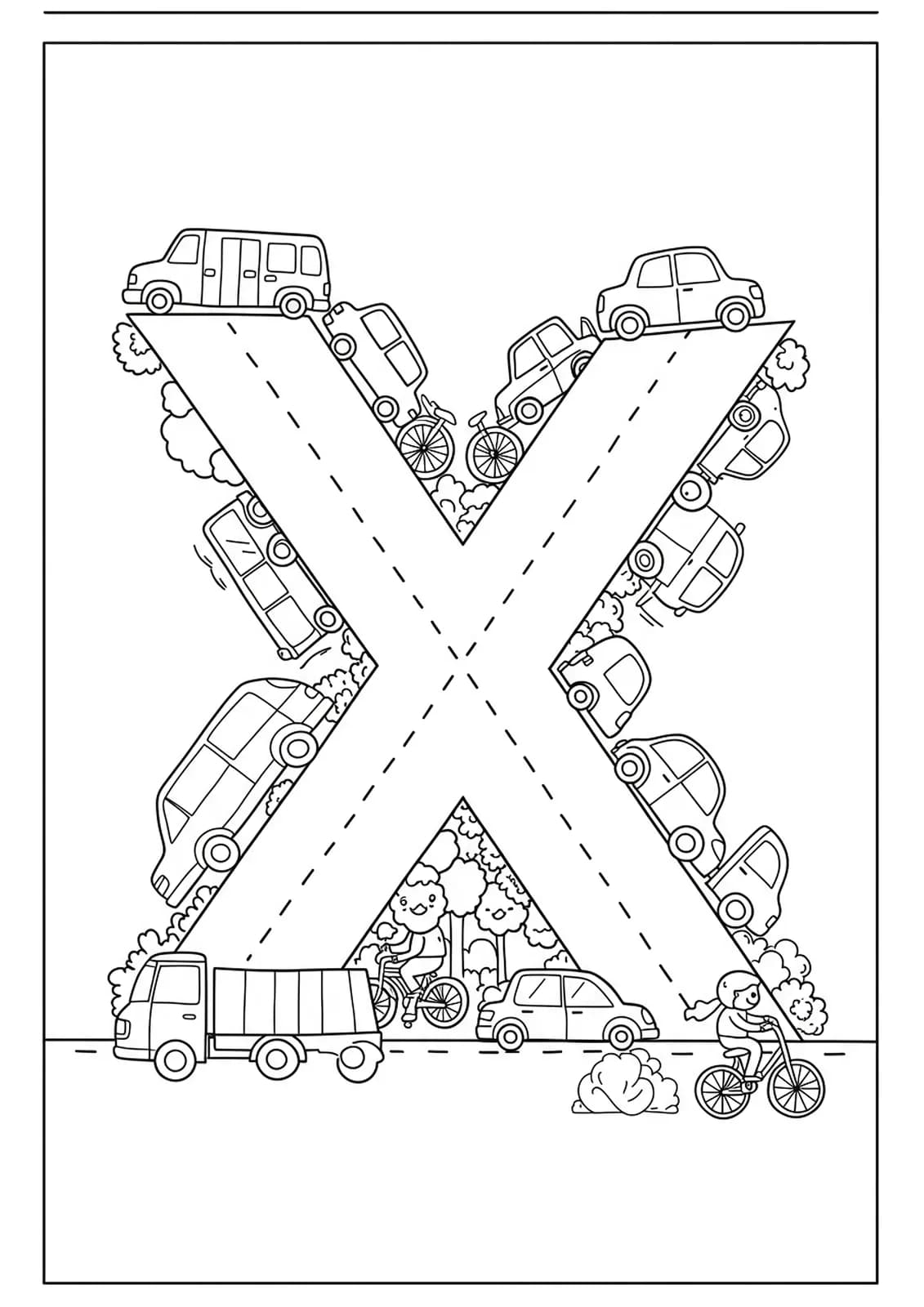 Letter X surrounded by detailed vehicles like cars, trucks, and bicycles for coloring