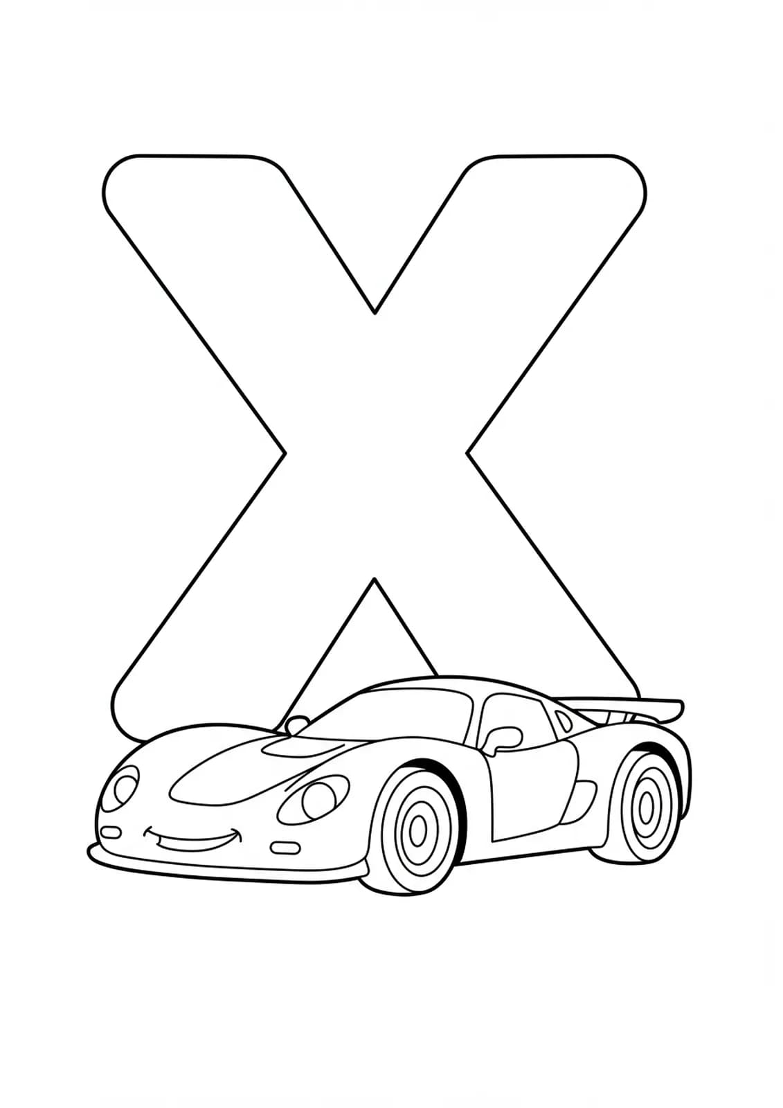 Easy coloring page of letter X with a simple race car beside it