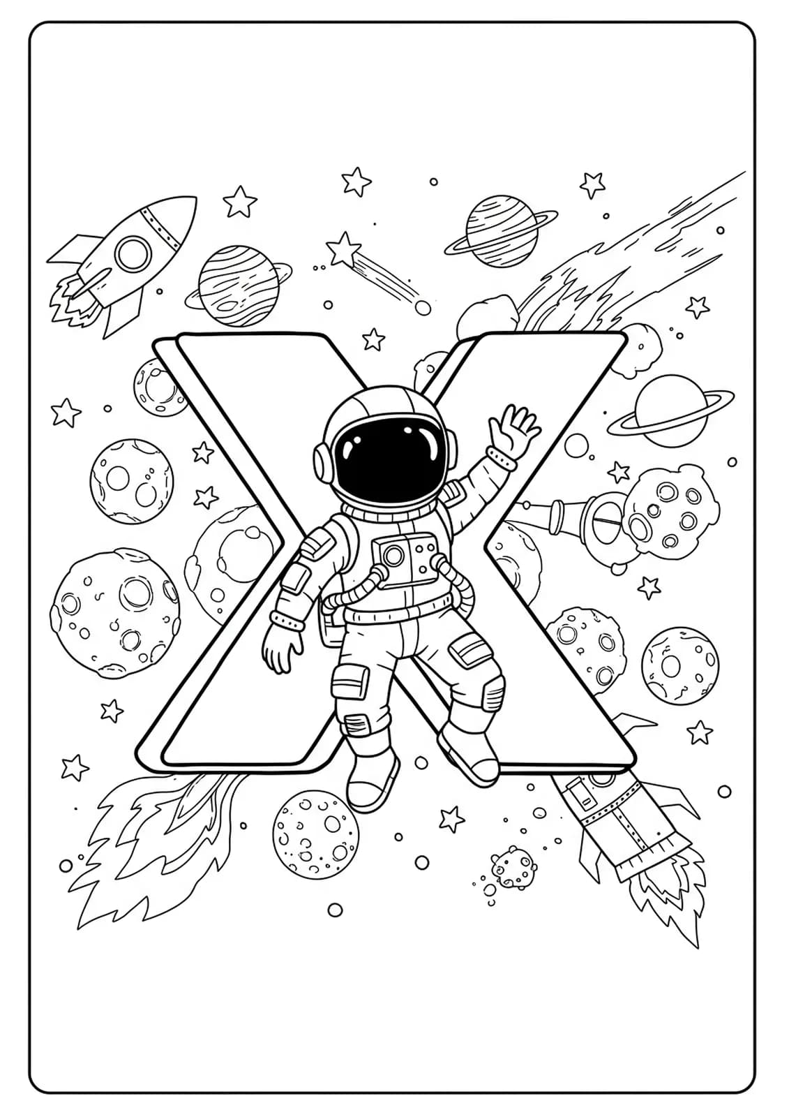 Letter X as an astronaut with rockets, planets, and stars in a detailed space scene for coloring