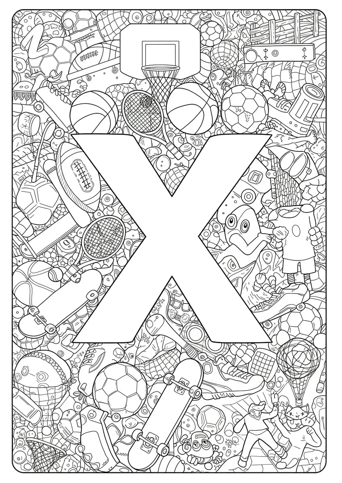 Letter X coloring page with detailed sports balls, equipment, and action scenes