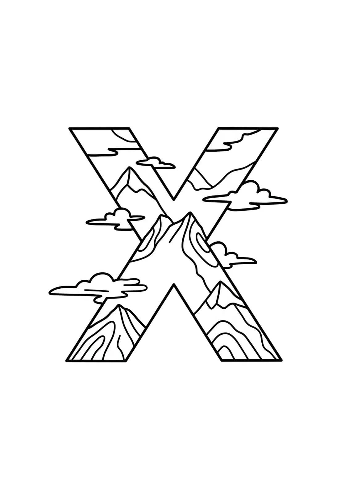 Letter X coloring page with mountain peak outlines for teens.