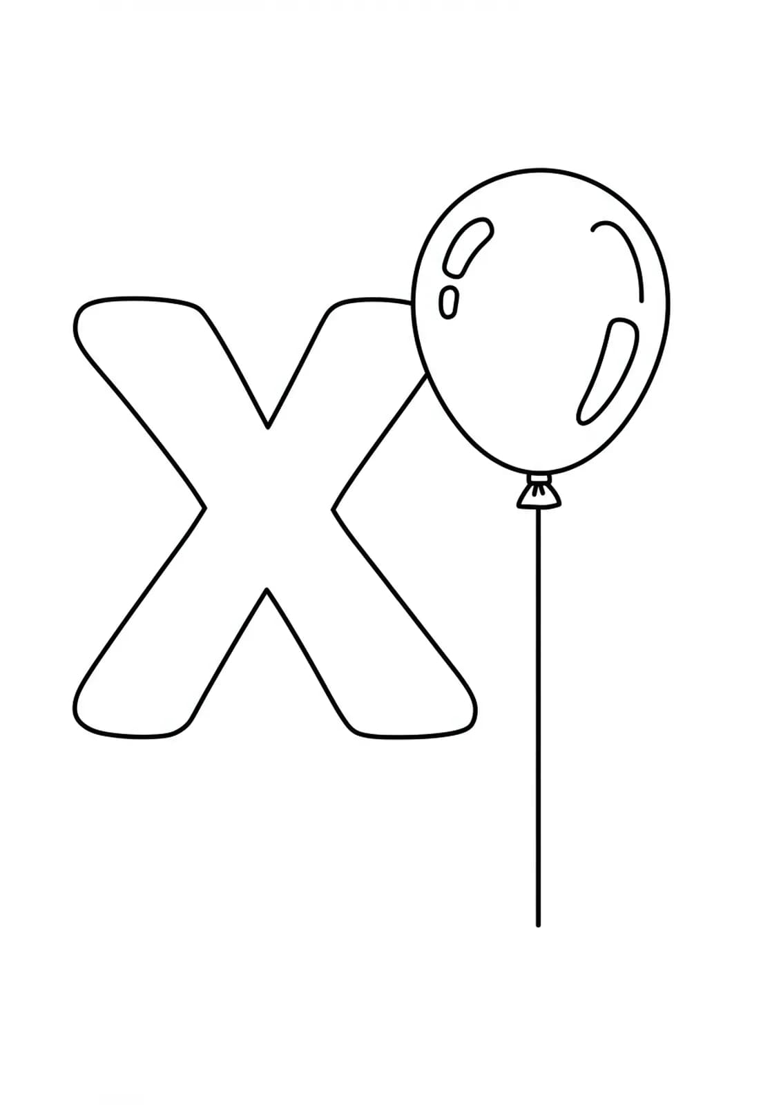 Coloring page with a large letter X and a simple balloon illustration for birthday fun.