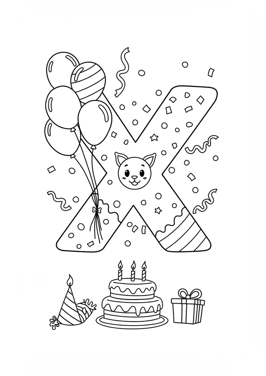 Letter X with balloons, confetti, and birthday cake, medium preschool coloring page for celebrations