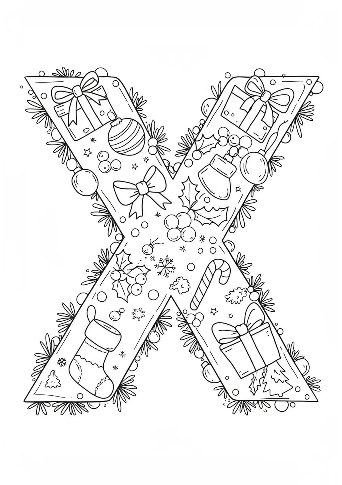Letter X coloring page with Christmas ornaments, candy canes, and holly decorations for kids.