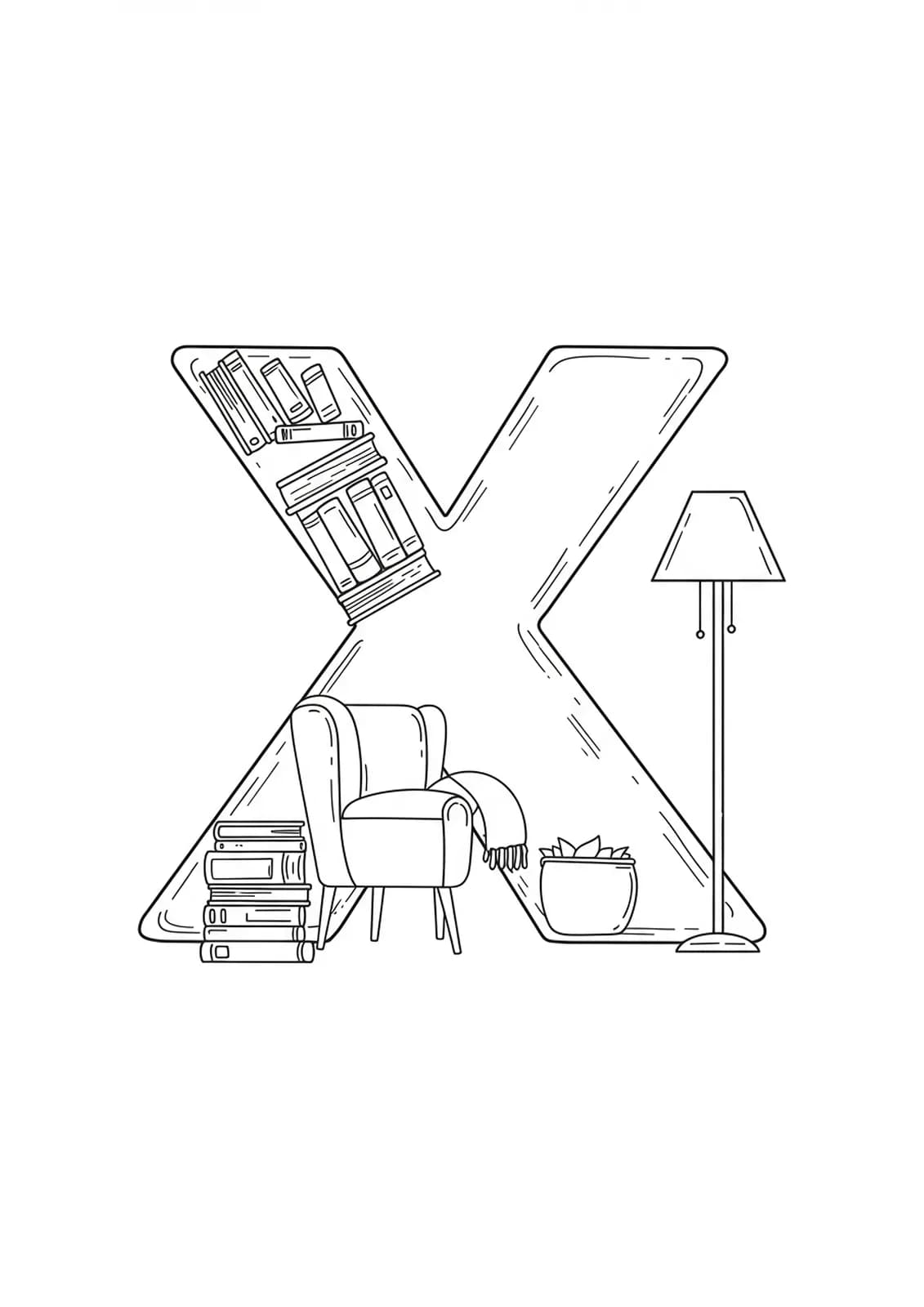 Coloring page with the letter X, simple books, armchair, and lamp for adult coloring.