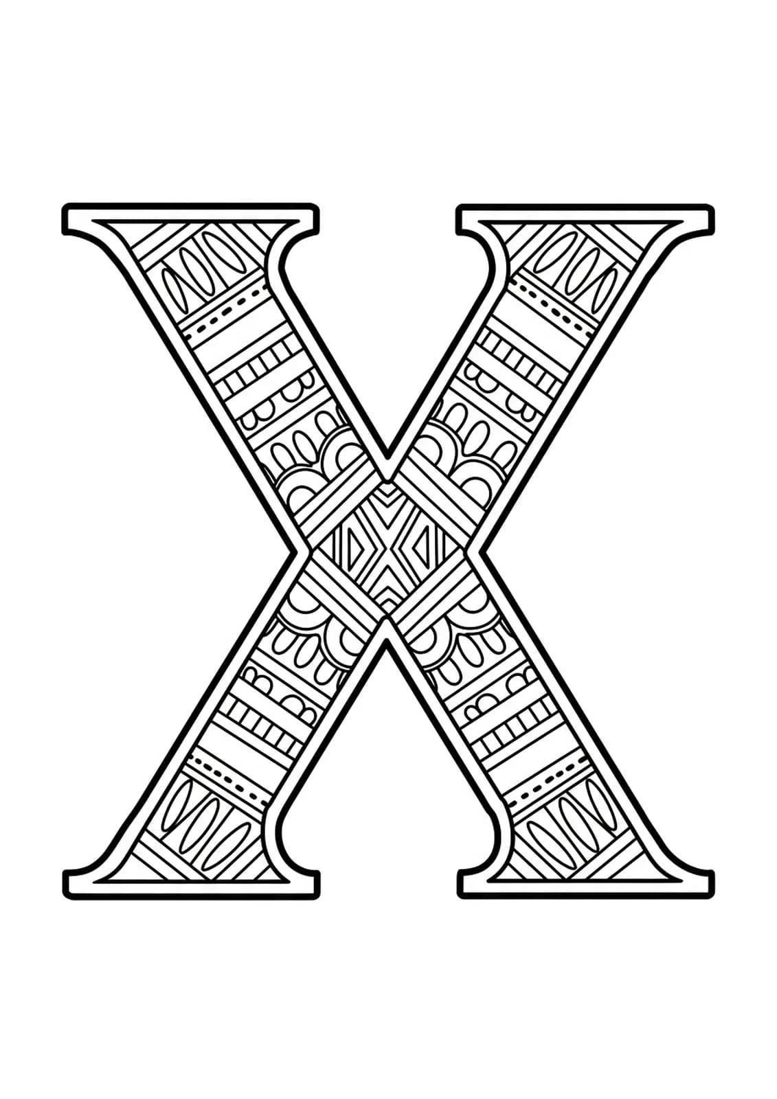 Coloring page with the letter X and easy geometric patterns, designed for adults.