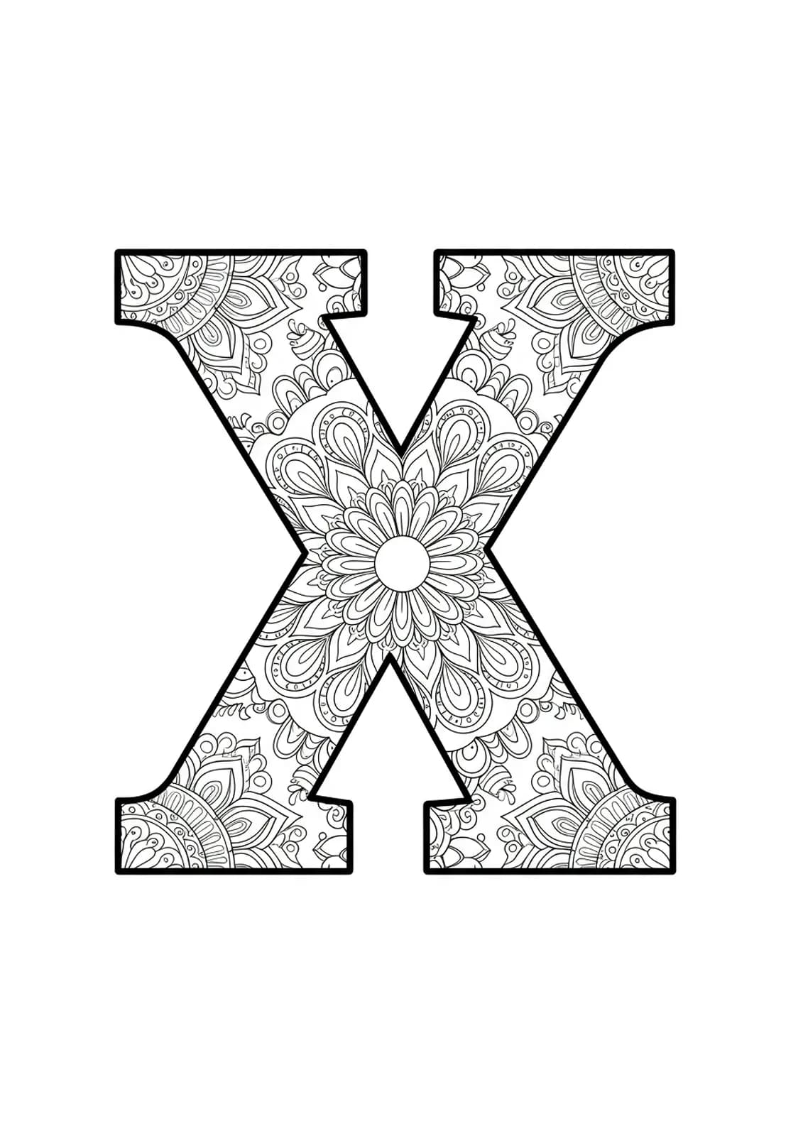 Complex mandala art forming and surrounding the letter X, with fine and detailed patterns, suitable for adults.