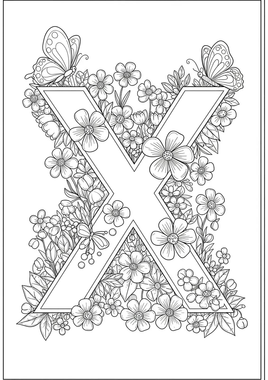 Letter X surrounded by spring flowers and butterflies, medium complexity coloring page for preschool