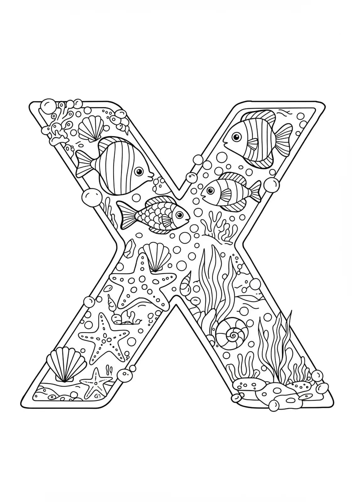 Letter X with fish, starfish, seaweed, and seashells, suitable for elementary-aged children.