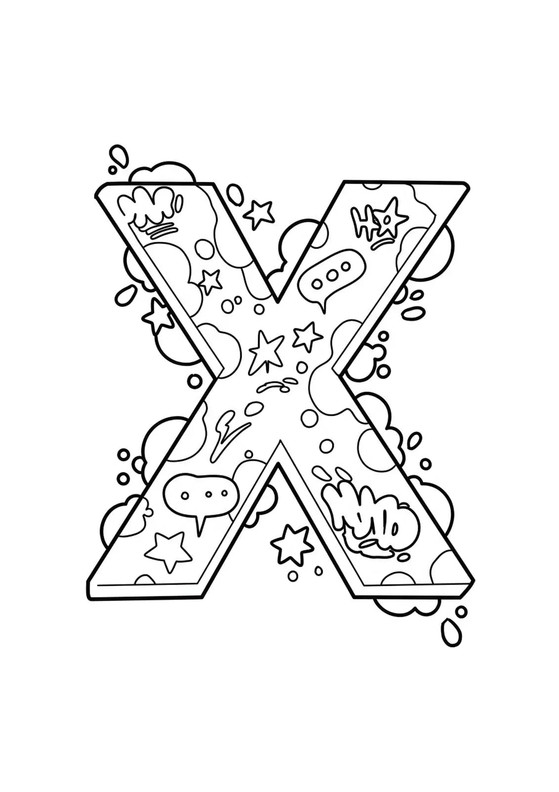 Letter X coloring page with graffiti-style outlines and accents for teens.