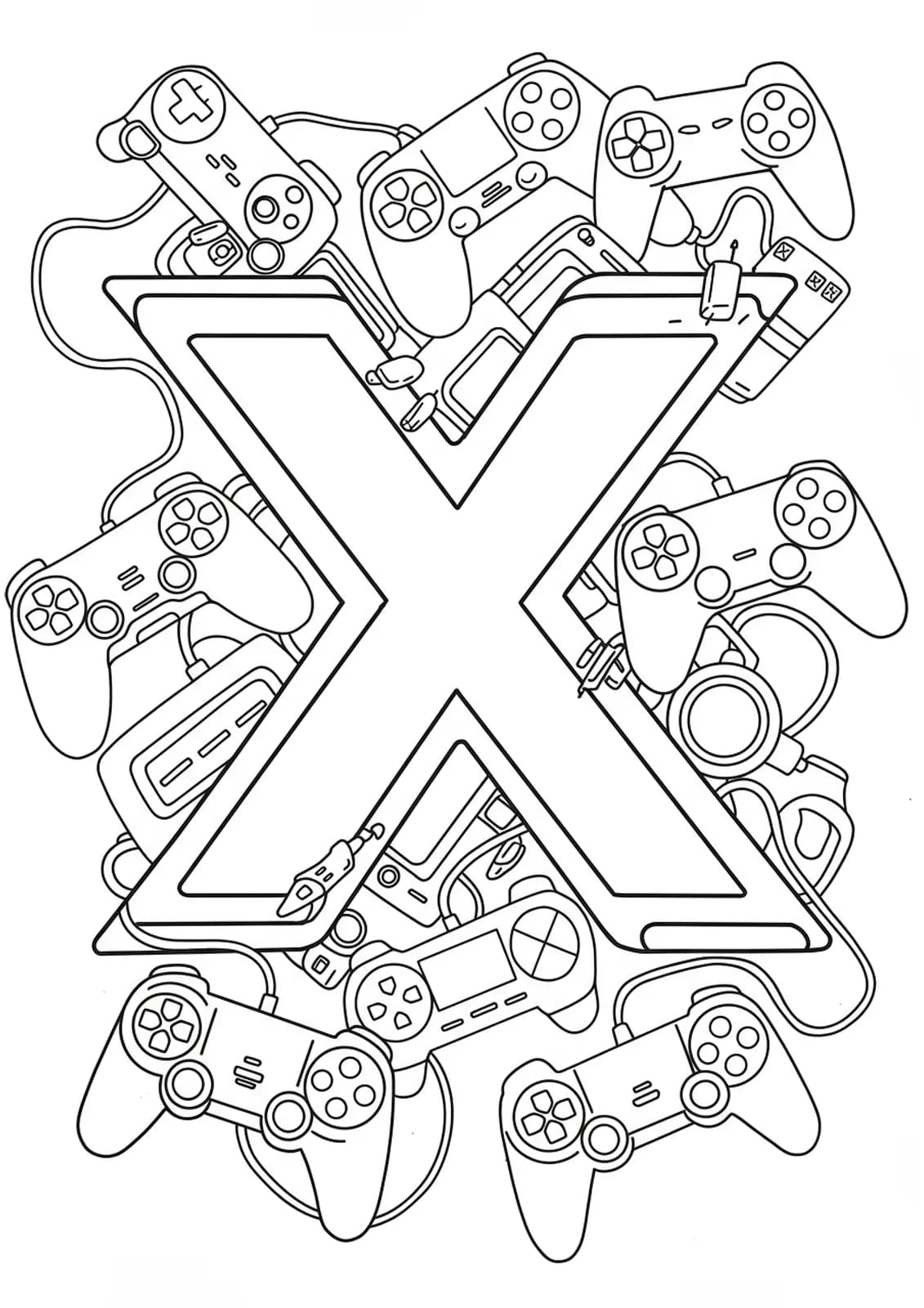 Letter X coloring page with outlines of video game controllers for teens.