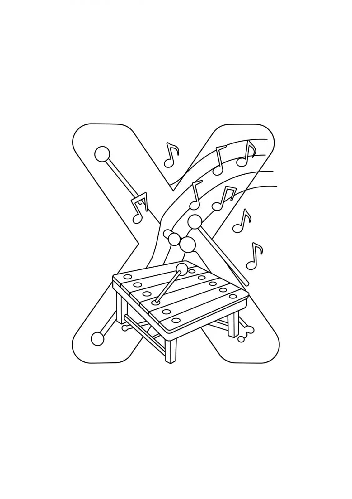Letter X with a xylophone and musical notes, medium detail music-themed coloring page for preschool
