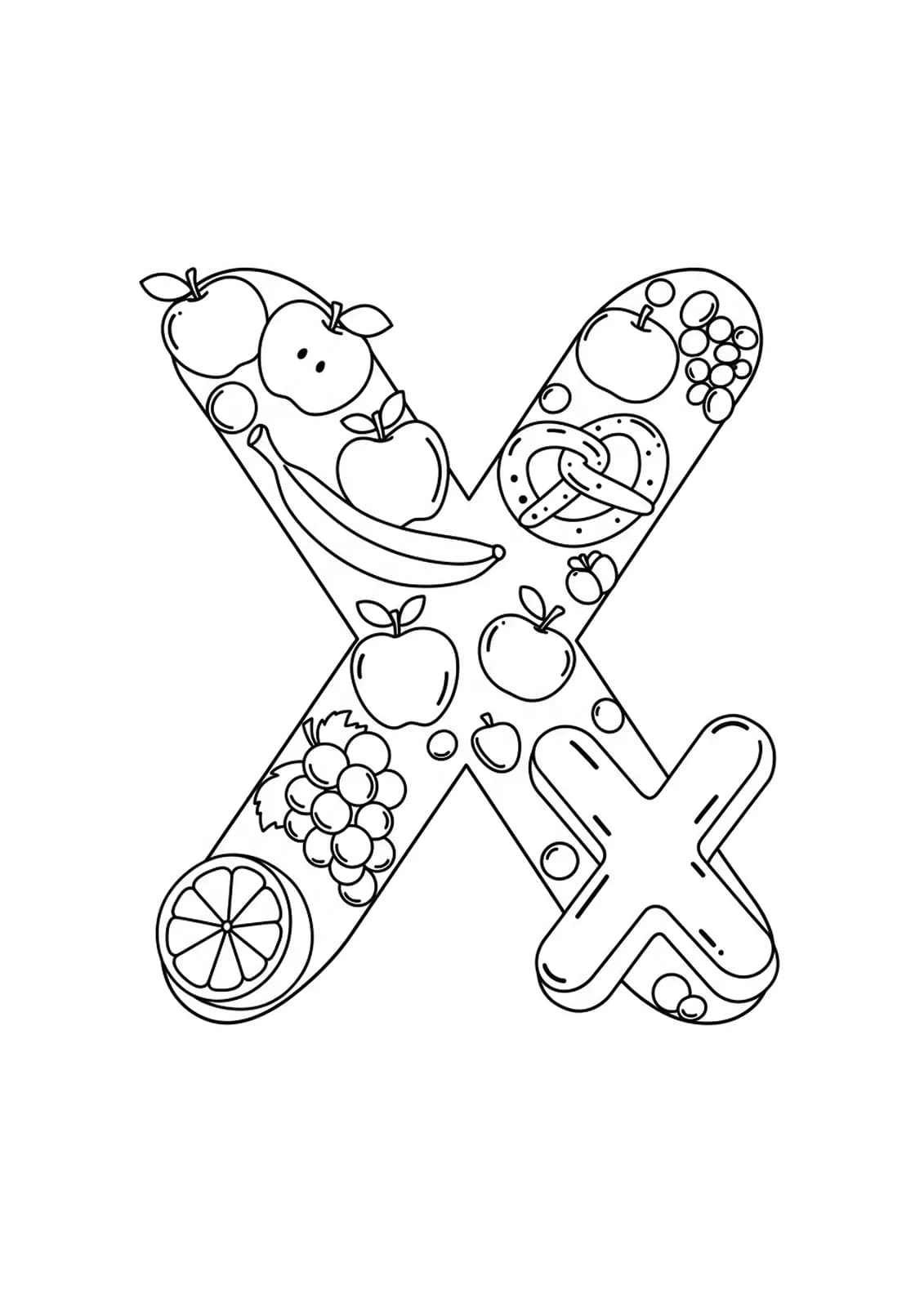 Letter X surrounded by apples, bananas, grapes, and an x-shaped pretzel, for kids to color.