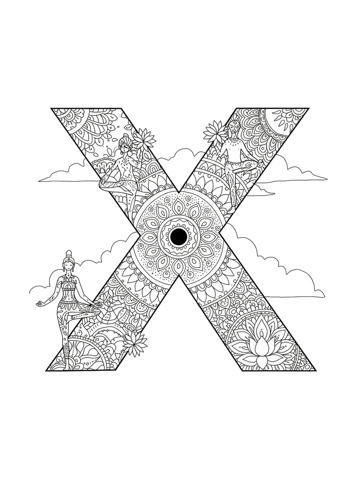 Letter X featuring yoga poses, lotus symbols, and peaceful landscapes, medium detail for adult coloring.