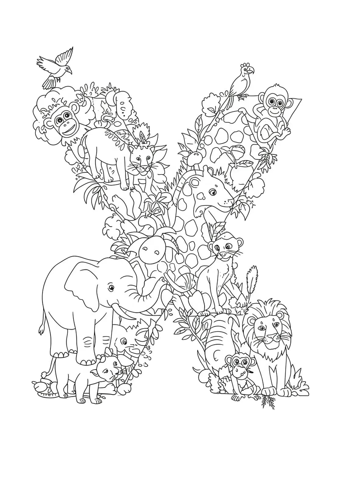 Letter X with detailed elephants, lions, monkeys, and birds in a zoo setting