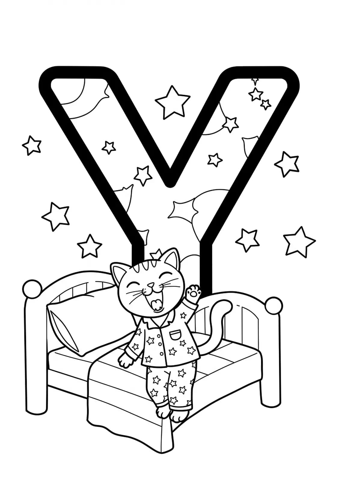 Large letter Y with a yawning cat, bed, pajamas, and stars to color.