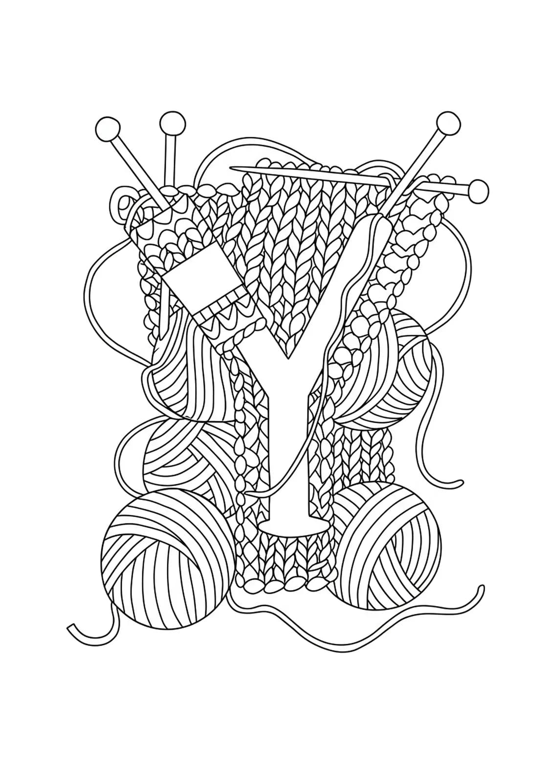 Letter Y decorated with yarn balls, knitting needles, and threads, medium detailed black and white coloring page for adults.