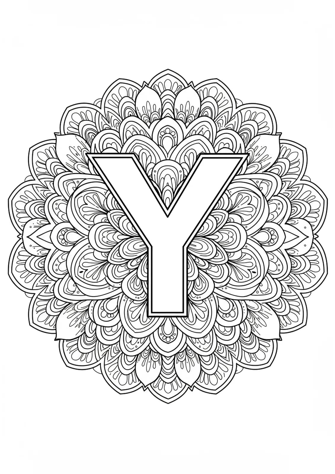 Easy mandala-themed letter Y coloring page with simple mandala patterns.