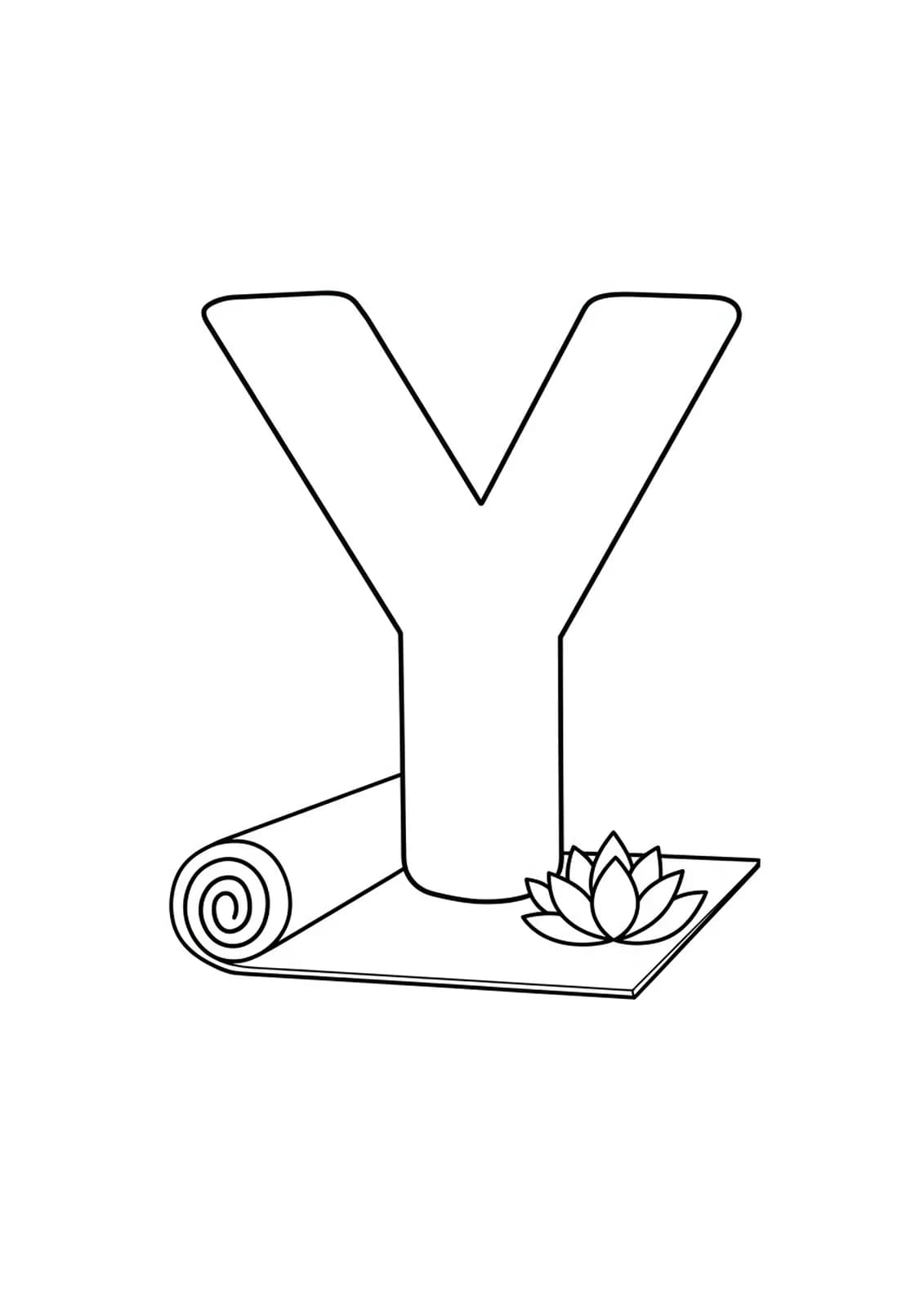 Easy meditation-themed letter Y coloring page with a yoga mat and lotus.