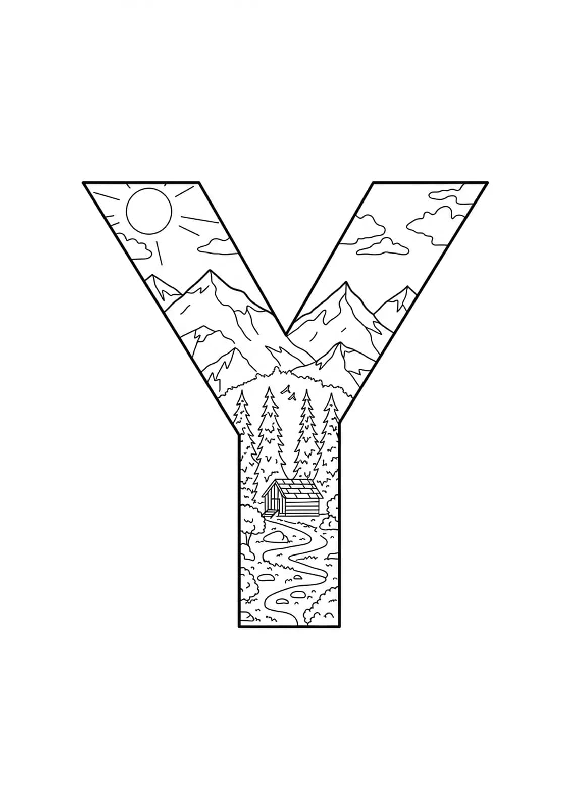 Easy yoga retreat-themed letter Y coloring page with calm landscape elements.