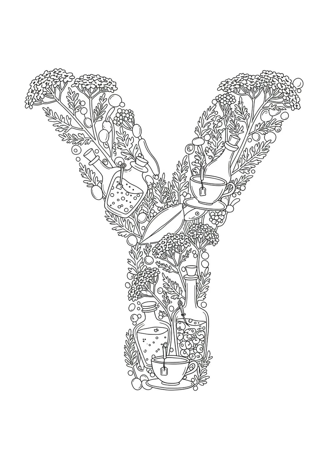 Letter Y with yarrow plants, apothecary jars, tea cups, and herbal elements, medium detail black and white coloring page for adults.