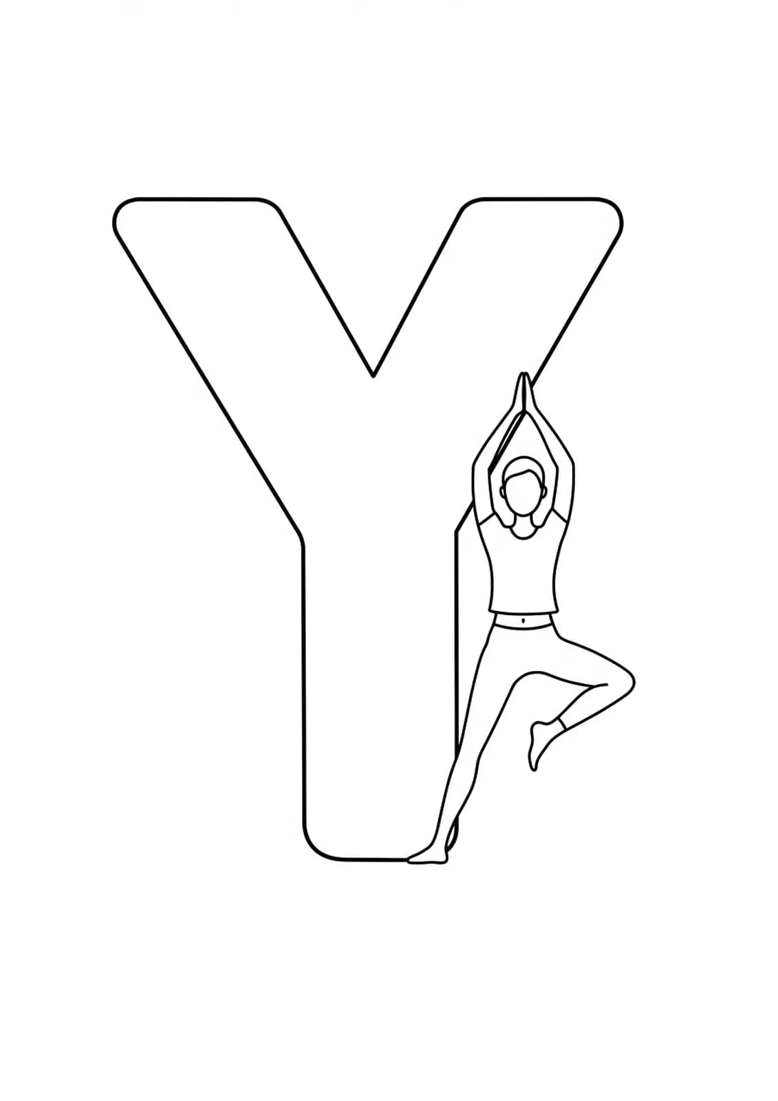 Easy yoga-themed letter Y coloring page with simple lines and large spaces.