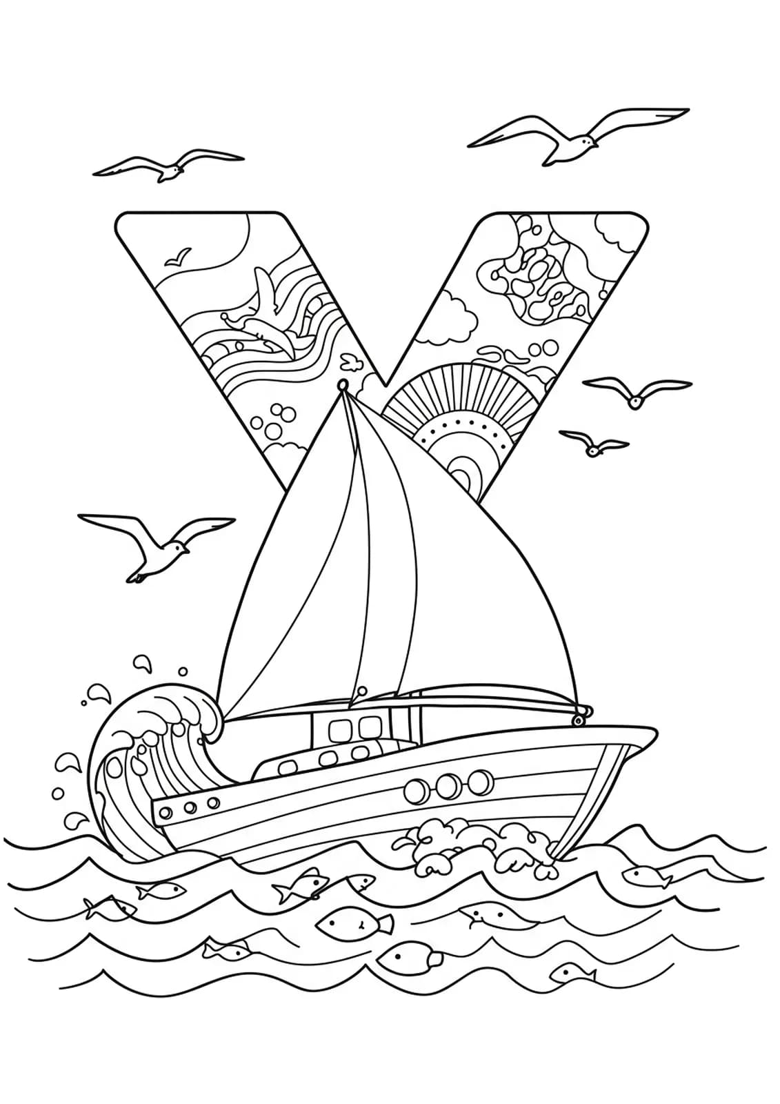 Letter Y coloring page with a yacht sailing on ocean waves, seagulls, and fish.