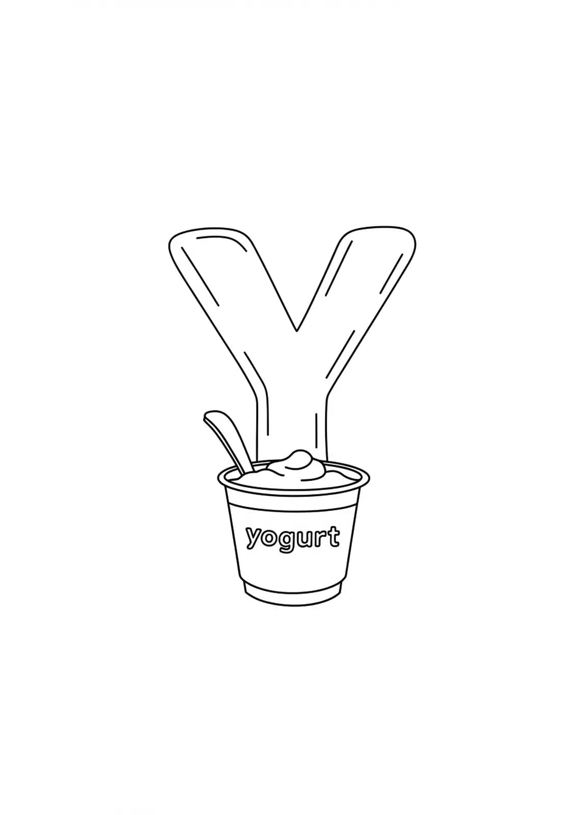Easy coloring page showing a large letter Y with a smiling yogurt cup beside it, simple lines and big shapes for children.
