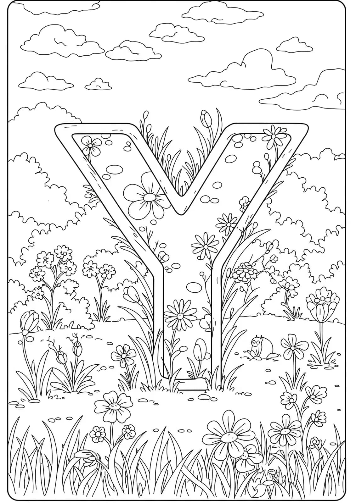 Large letter Y surrounded by flowers and grass, simple lines for spring yard scene.