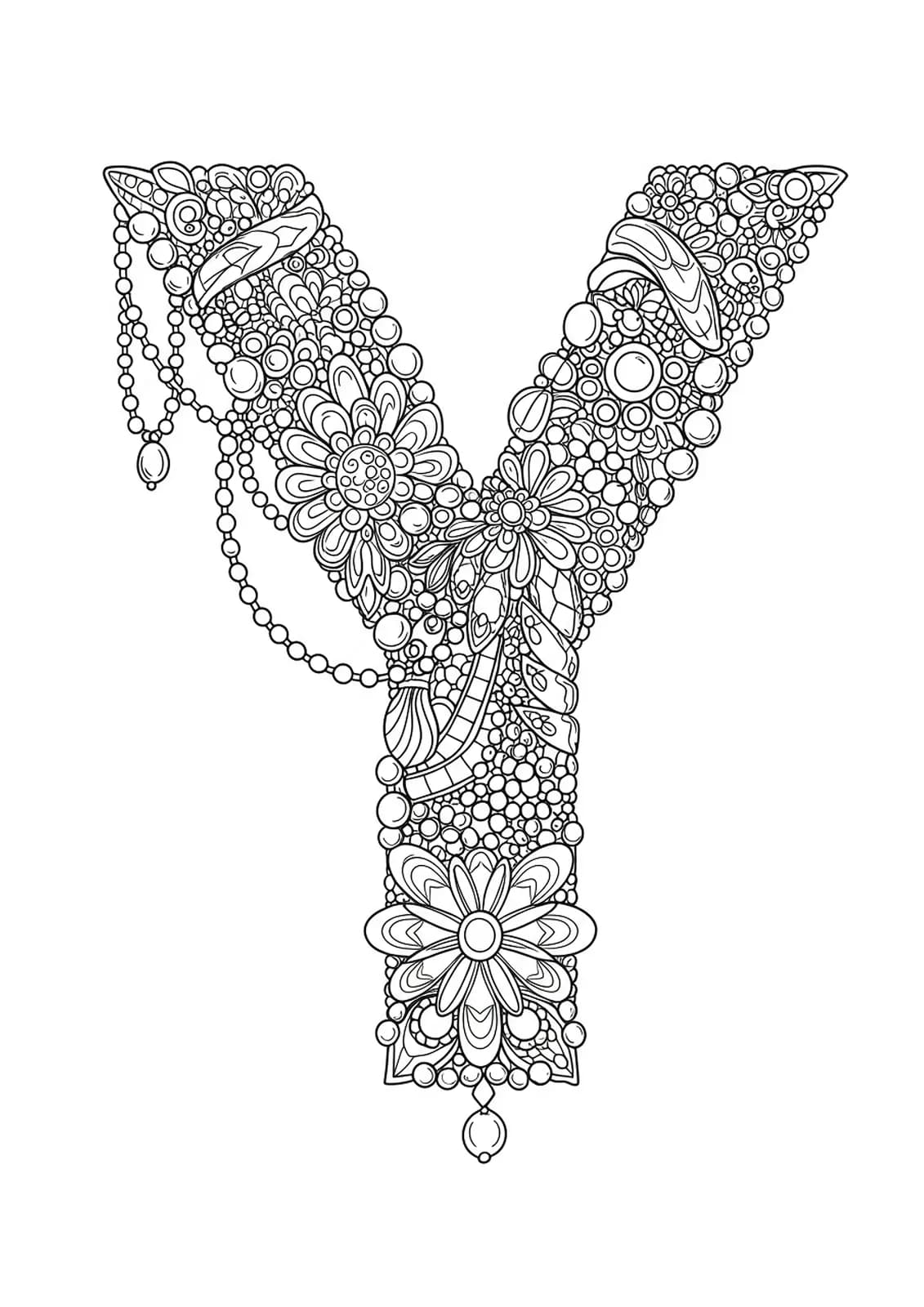 Letter Y decorated with detailed jewelry, including beads, filigree, and gemstones, in line art.