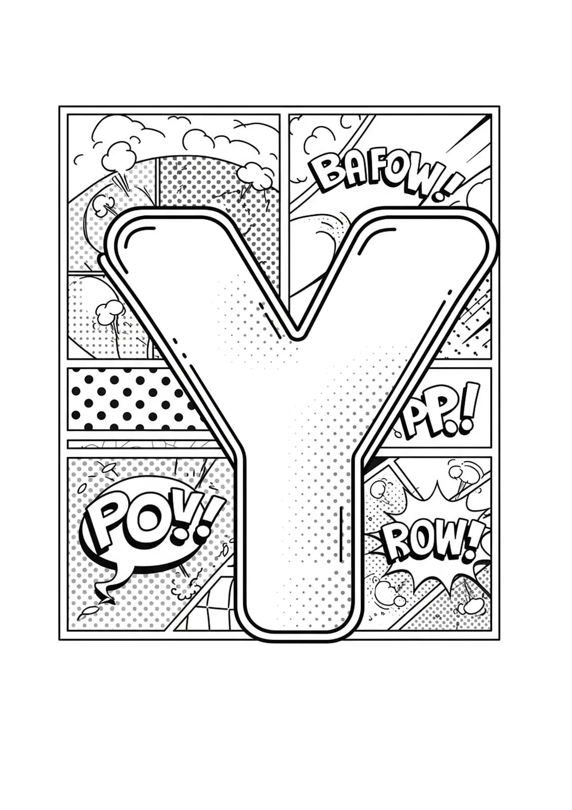 Letter Y set against a background of retro comic panels, speech bubbles, and detailed pop art patterns.