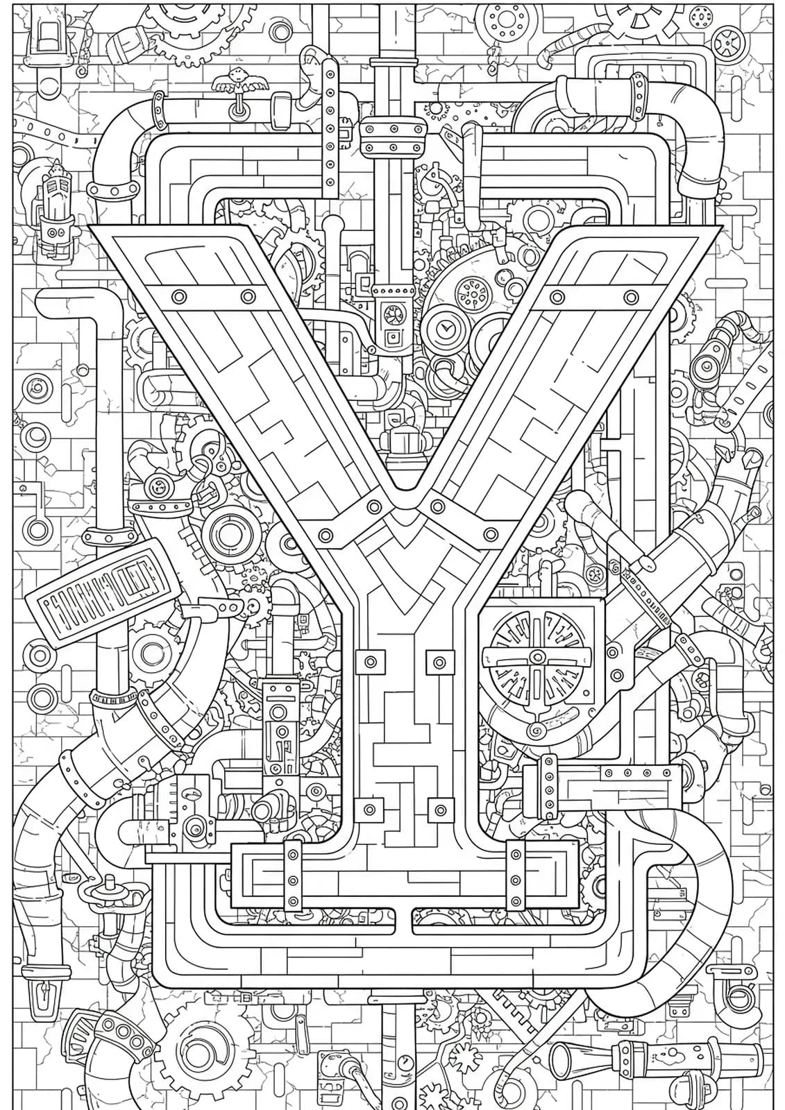Letter Y entwined with intricate steampunk gears, pipes, and mechanical shapes forming a detailed maze.