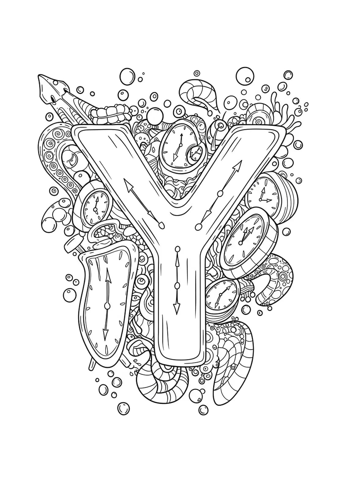 Letter Y surrounded by melting clocks, floating abstract shapes, and surreal intricate patterns.
