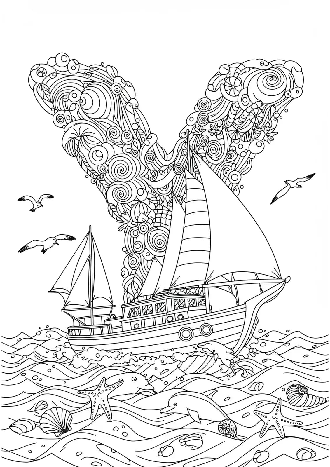 A complex coloring page showing the letter Y as part of an elaborate yacht and ocean scene with waves, sails, and sea animals.